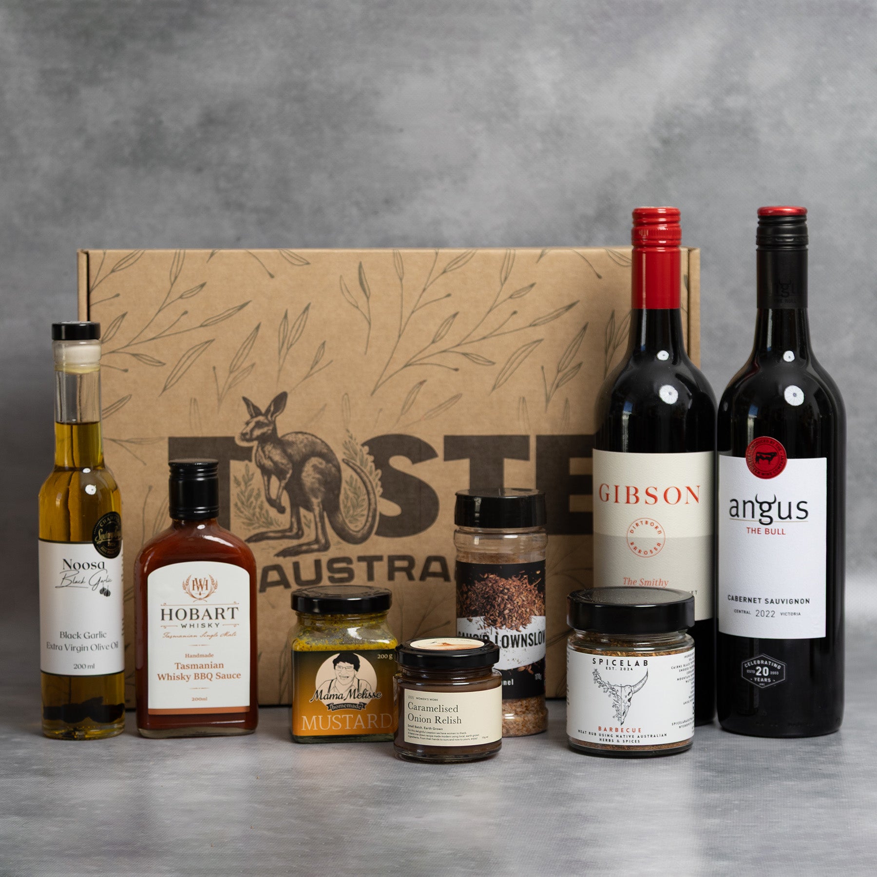Collection of Australian food and wine products with a 'Taste Australia' branded box.